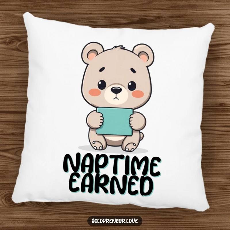 Funny pillow featuring a proud bear cub presenting a finished project, offering comfort and a reminder of achievement.