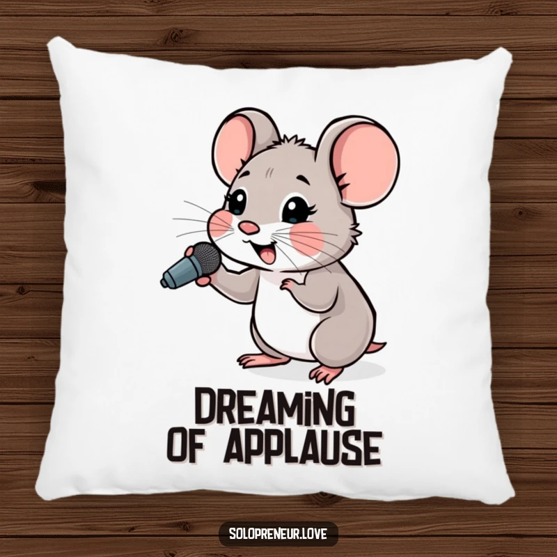 Funny Hopeful Mouse Microphone Pillow with a small mouse character cheering while holding a tiny microphone, adding comfort.