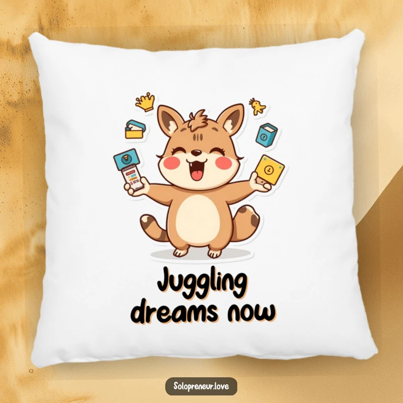 Funny juggling animal pillow with a playful character energetically managing task icons, offering comfort and multitasking humor.