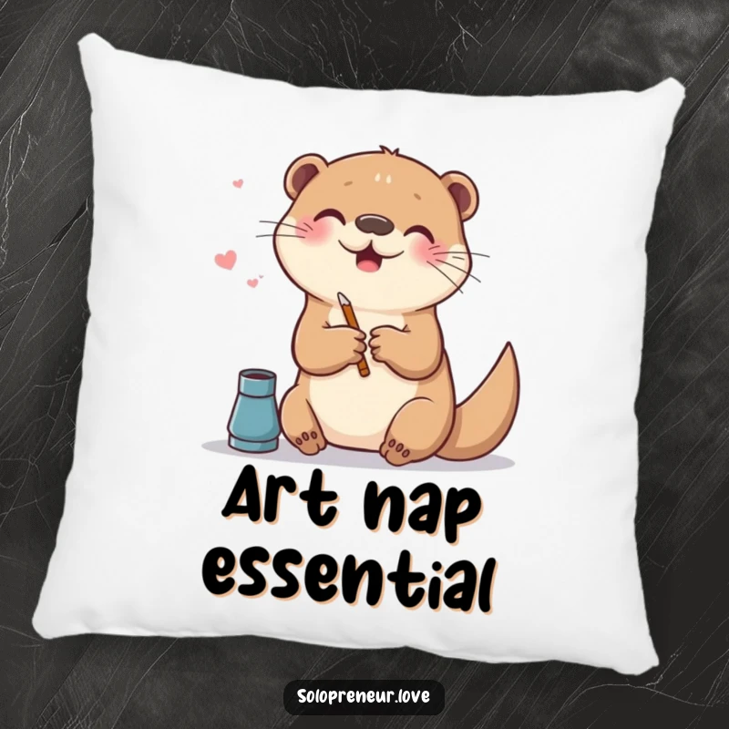 Funny pillow showing a happy otter creating digital art on a canvas, perfect for adding artistic flair to any room.
