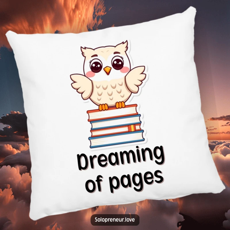 Funny pillow with a happy owl character sitting on a stack of books, offering comfort and a cheerful literary vibe.