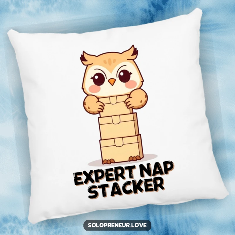 Funny owl organizer pillow with a cute owl happily stacking small boxes, ideal for comfortable and tidy relaxation.