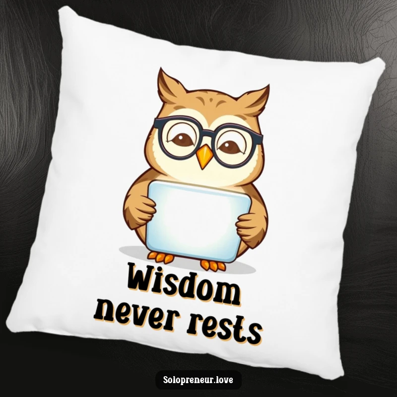 Funny owl wearing glasses, intently reading a glowing tablet, featured on a soft and humorous pillow.