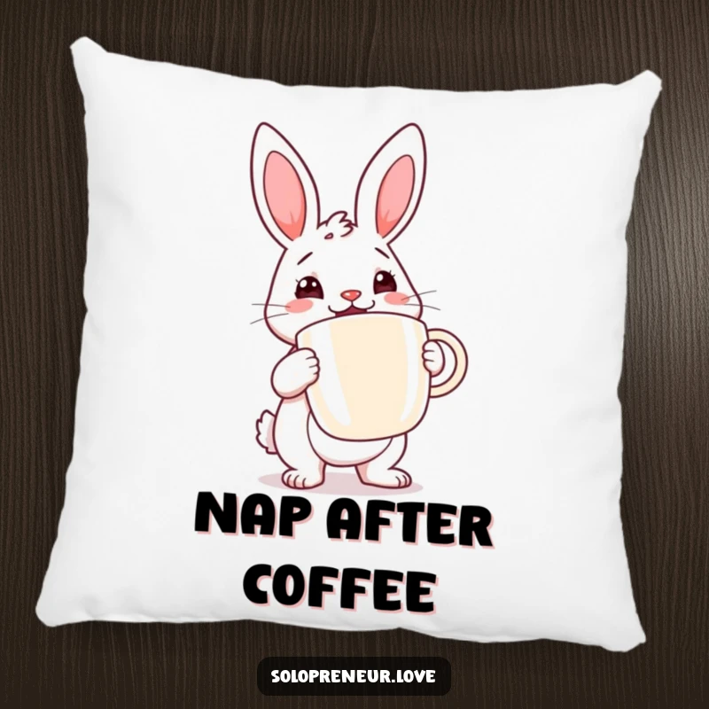 Funny rabbit coffee pillow with a determined rabbit cheerfully holding a large coffee cup, ideal for comfortable morning relaxation.