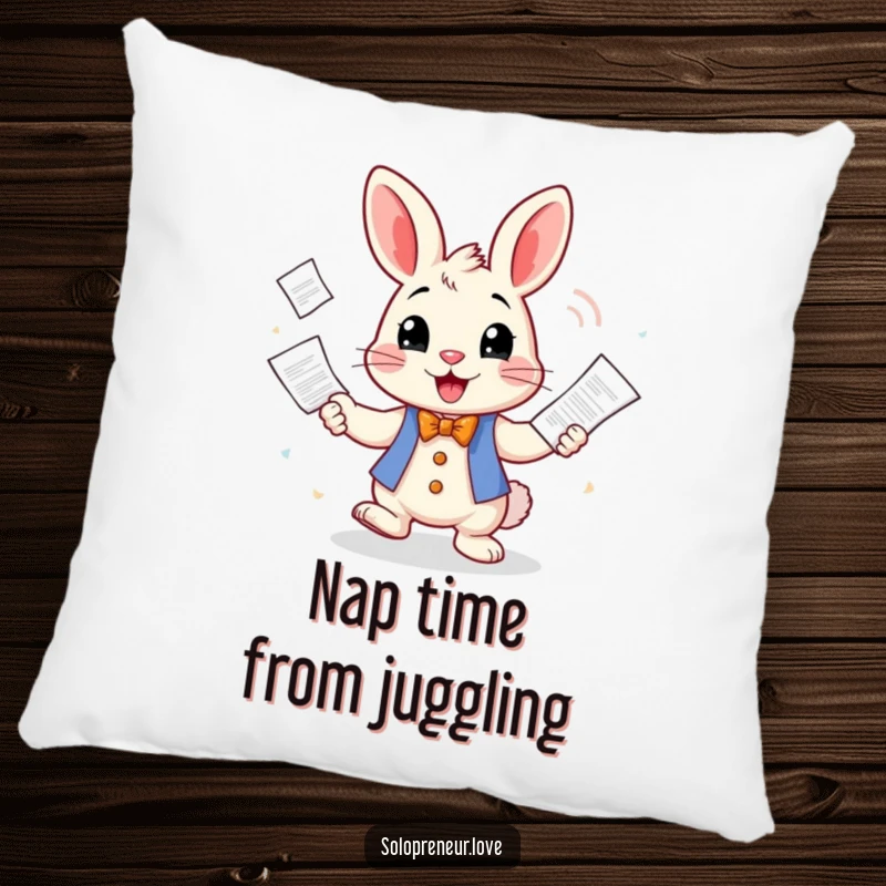 Funny Pillow adorned with a cheerful rabbit character juggling business invoices, providing comfort and a humorous nod to office life.