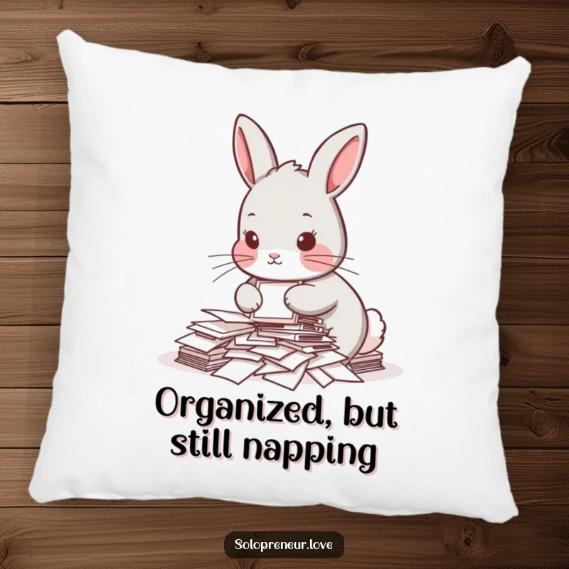 Funny pillow featuring a determined rabbit organizing paperwork, offering comfort and a humorous touch to living spaces or bedrooms.
