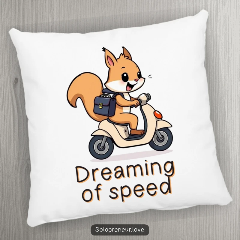 Funny and cheerful squirrel with a briefcase, zooming on a scooter, featured on a soft and decorative pillow.