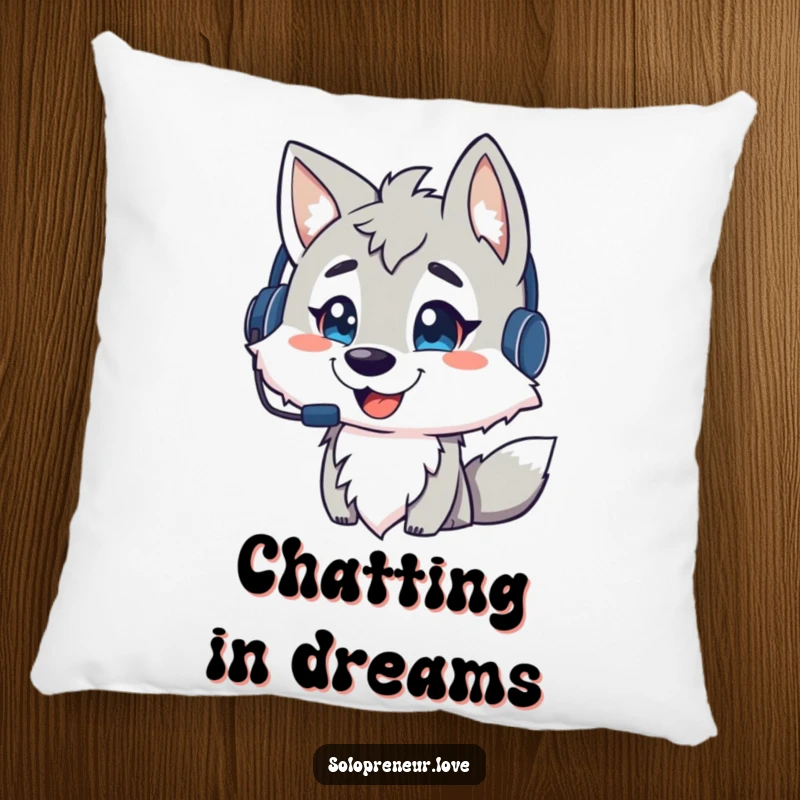 Funny wolf comfort pillow, a soft cushion with a wolf wearing a headset, ideal for relaxation and a funny gift.