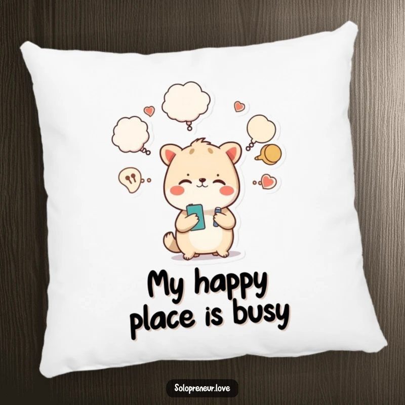 Funny pillow showcasing a cute animal character looking busy with many thought bubbles, excellent for comfort and humor.