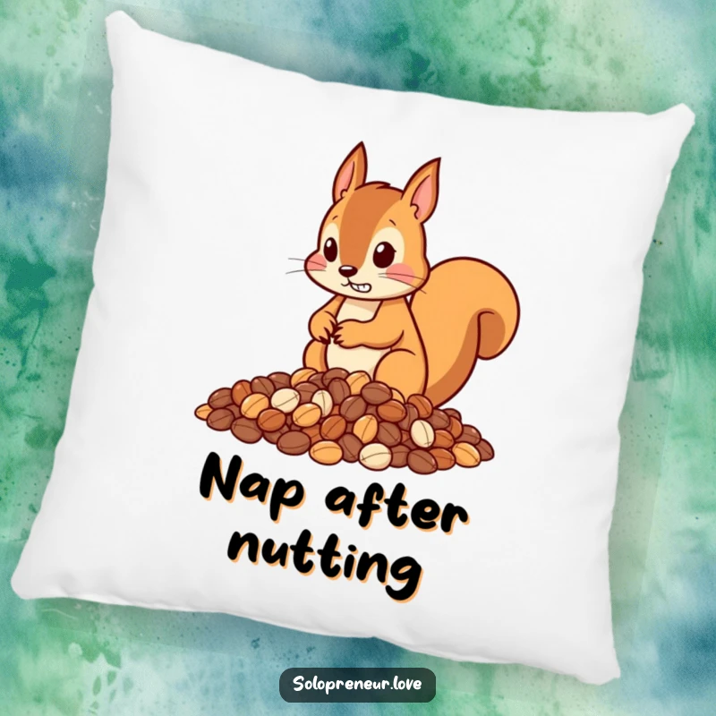 Funny pillow with a determined squirrel character neatly organizing nuts into piles, perfect for adding humor and comfort to any living space.