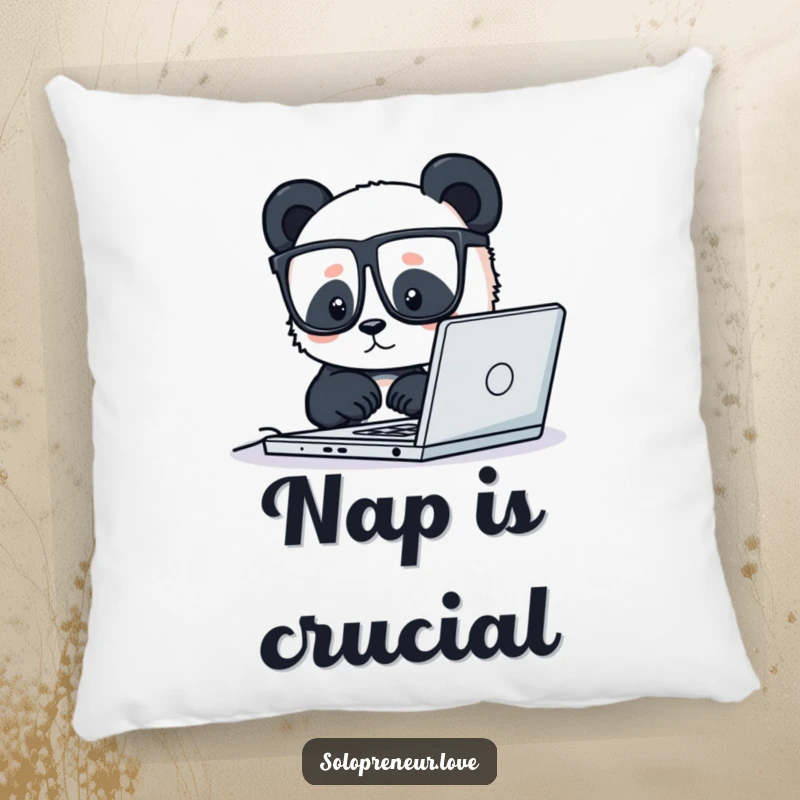 Funny pillow with a tiny panda wearing glasses, diligently working on a laptop, offering comfort and a dose of dedication.