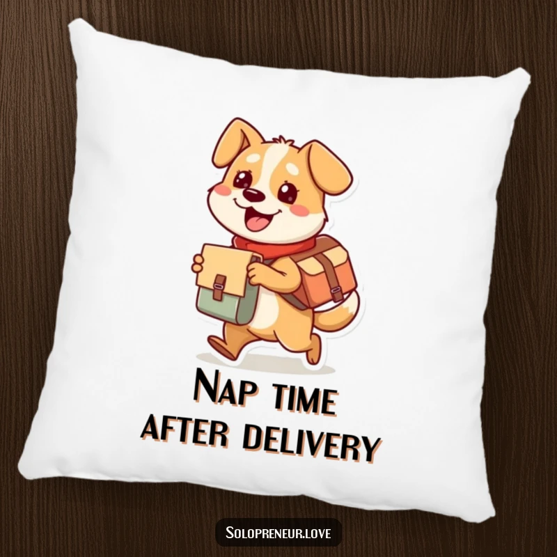 Funny dog pillow featuring a busy character delivering a package with glee, offering comfort and a humorous, heartwarming appeal.