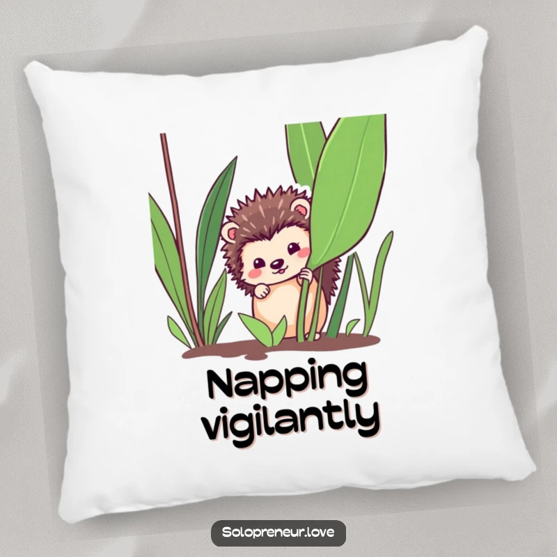 Funny hedgehog cuddle pillow, a soft cushion with a hedgehog peeking from a plant, ideal for a cute and funny gift.