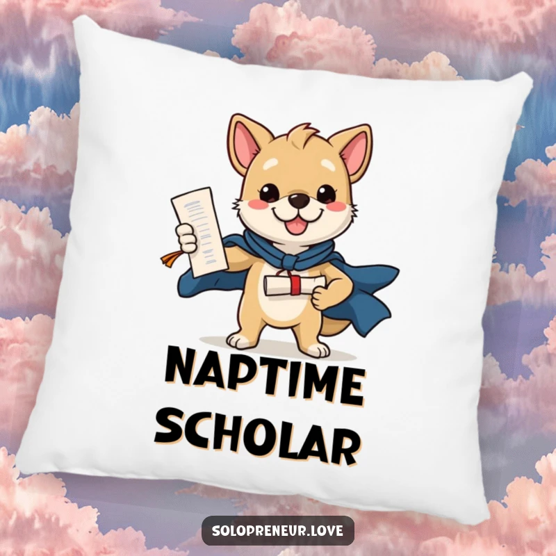 Funny pillow featuring a heroic dog holding a diploma, offering comfort and a humorous nod to graduation achievements.
