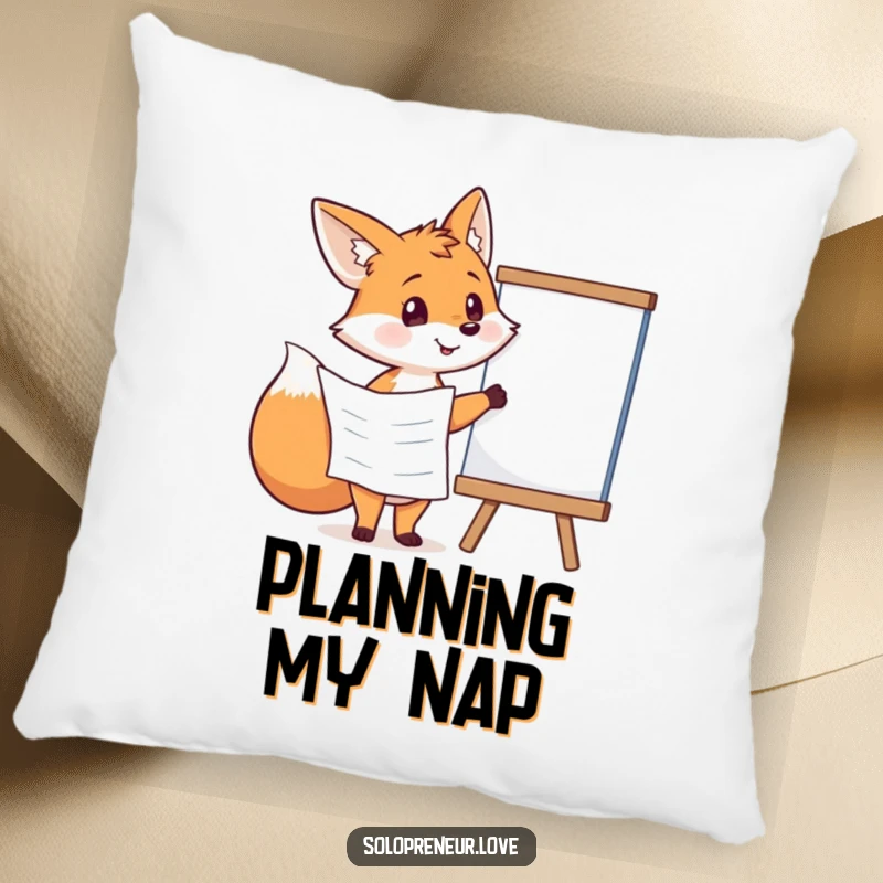 Funny fox holding a plan, pointing at a whiteboard, featured on a soft and humorous pillow.