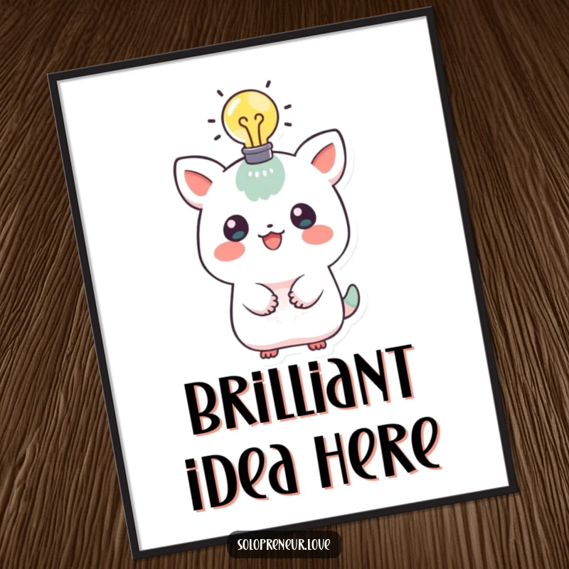 Funny digital art of a playful creature with a lit lightbulb above its head, symbolizing creativity and bright ideas for screen display.