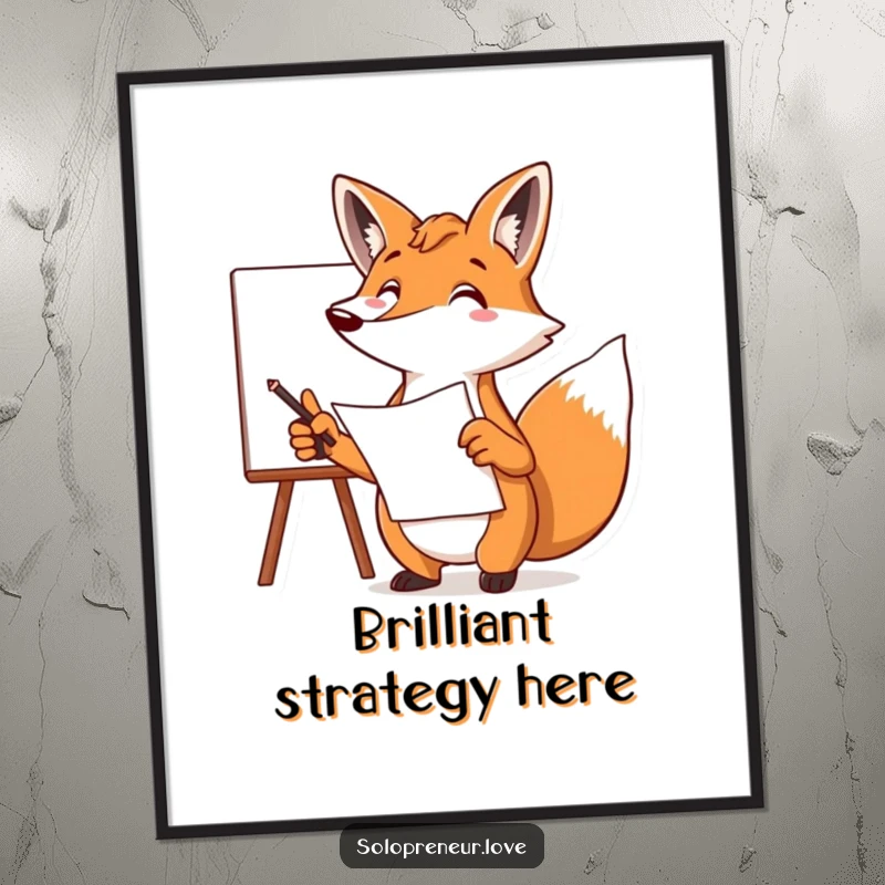Funny fox digital art print of a focused character pointing at a whiteboard with a plan, ready for strategic wall decor.