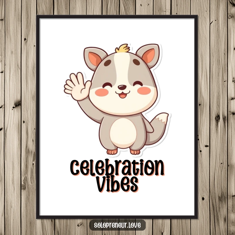 Funny digital art print of a smiling animal character waving triumphantly, perfect for motivational and humorous decor.