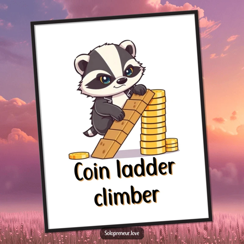 Funny Digital Art Print: A determined badger climbing a ladder of coins, symbolizing ambition and the pursuit of success.