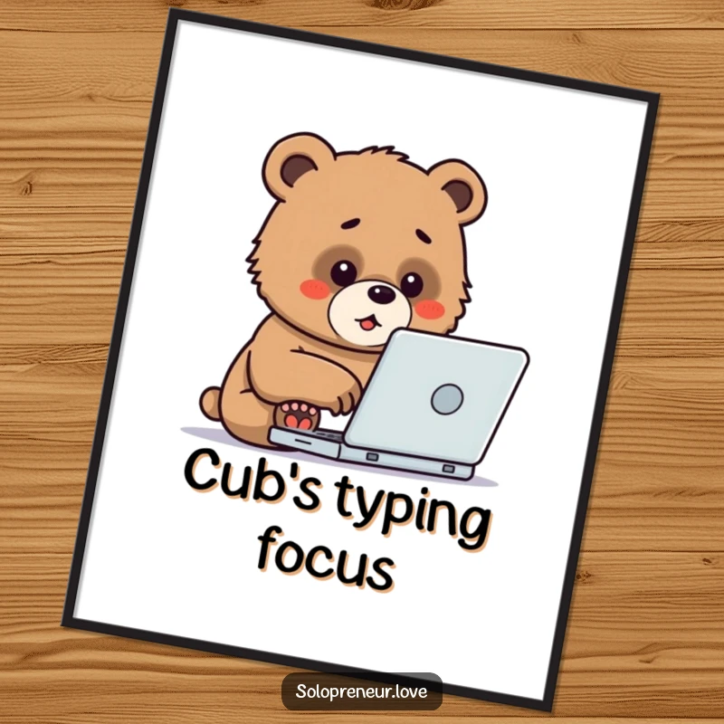 Funny Digital Art Print of a determined bear cub typing enthusiastically on a laptop, offering instant downloadable humor and motivation.