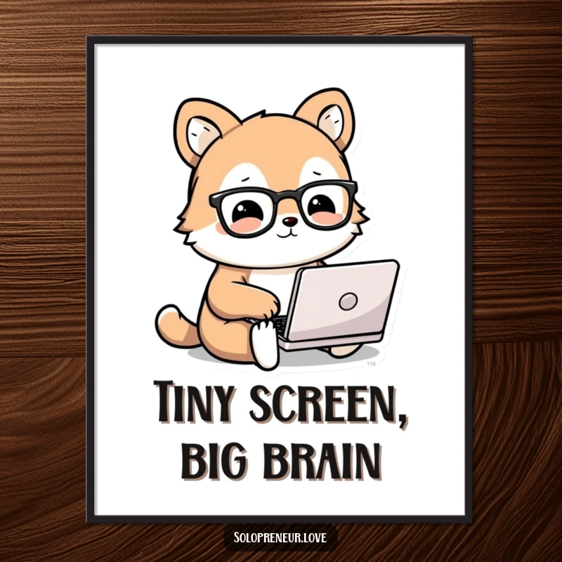 Funny animal digital art print of a cute, bespectacled animal character working on a small laptop, perfect for instant study decor.