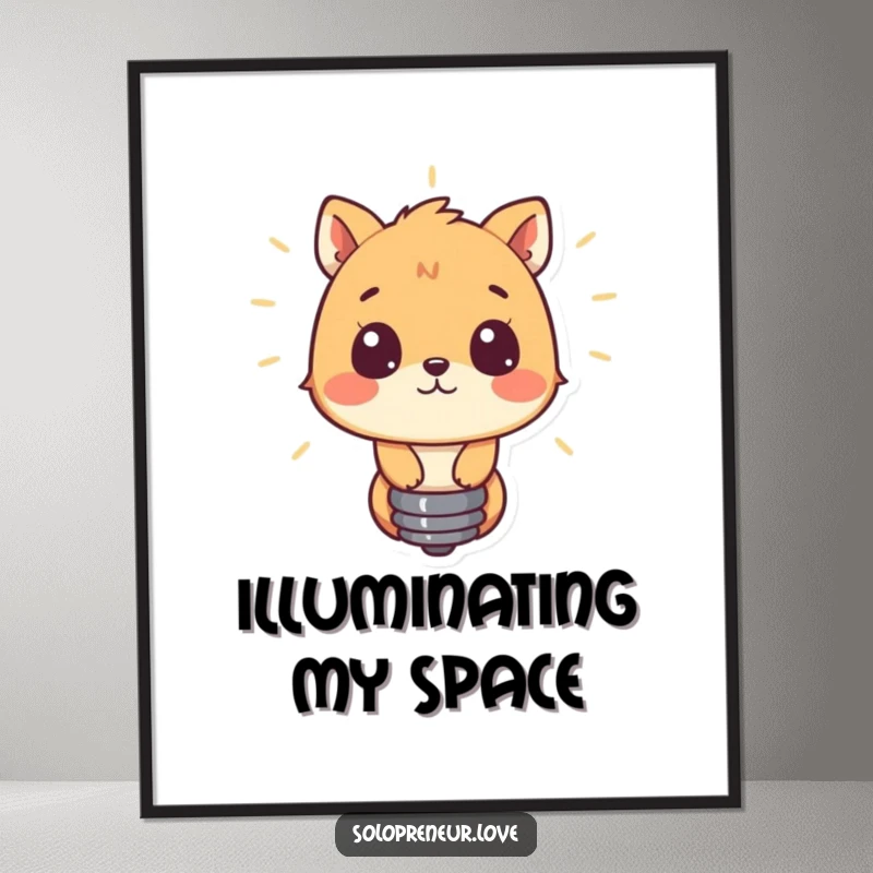 Funny digital art print of a curious animal mesmerized by a glowing lightbulb, symbolizing inspiration and cleverness, ready for download.