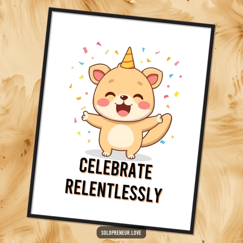 Funny digital art print of a happy animal showering confetti, symbolizing victory and joy, perfect for instant download and festive decor.