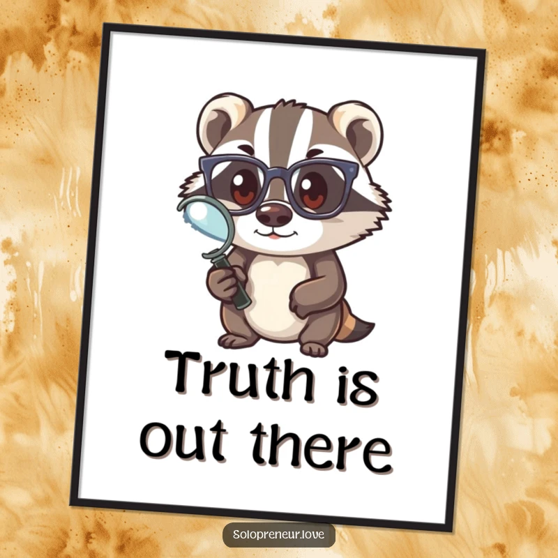 Funny badger investigator digital art print, a high-resolution image of a badger with glasses and a magnifying glass, a funny gift.