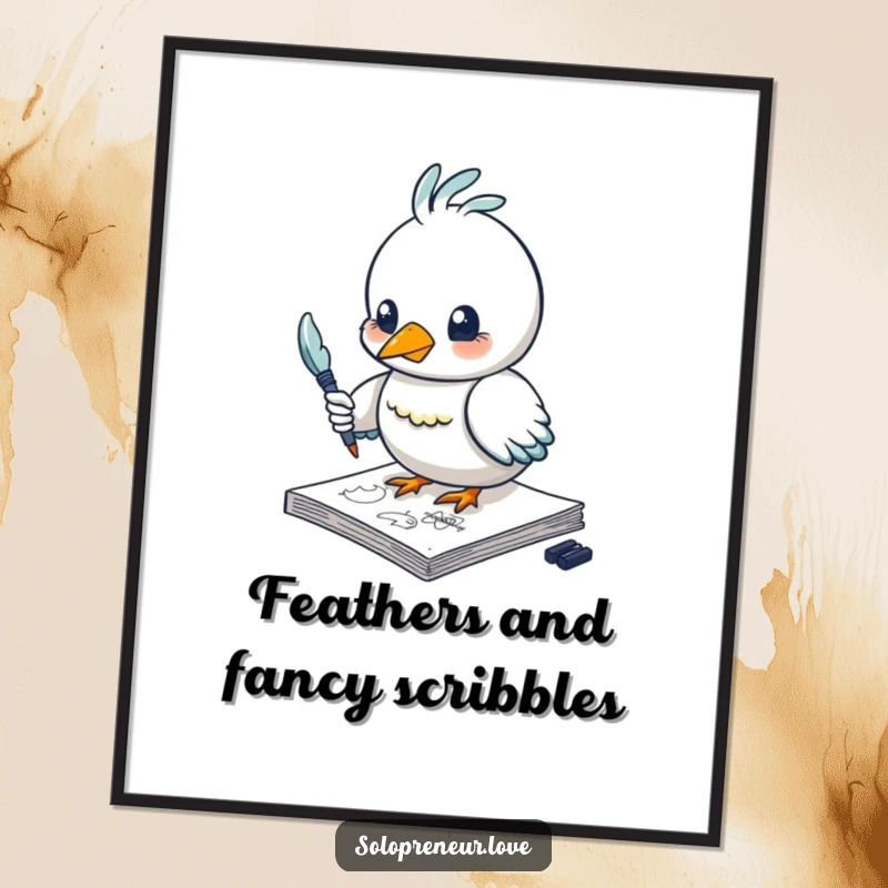 Funny bird digital art print of a creative character sketching with a feather pen, a humorous and artistic addition to any display.