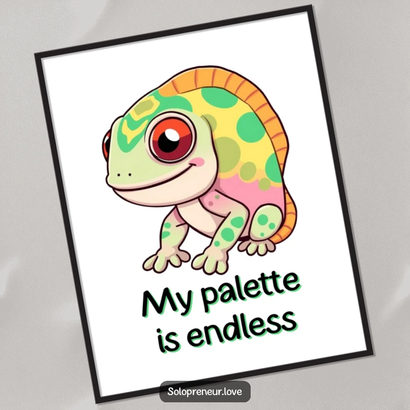 Funny chameleon digital art print of a smiling character rapidly changing colors, a modern and humorous piece for any display.