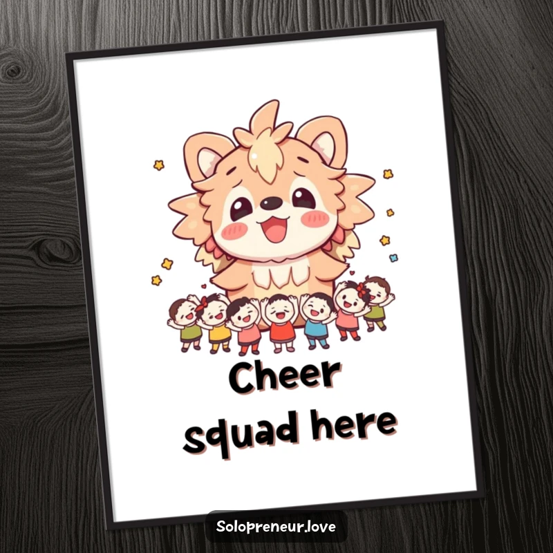 Funny digital art of a cheerful creature surrounded by small cheering figures, perfect for screens, radiating joy and support.