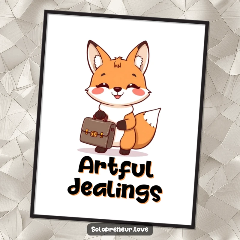 Funny digital art print of a cheerful fox holding a tiny briefcase and smiling broadly, bringing ambitious charm and humor to any space.
