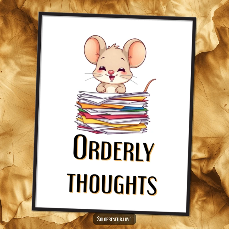Funny giggling mouse digital art print of a character organizing colorful papers, perfect for instant download.