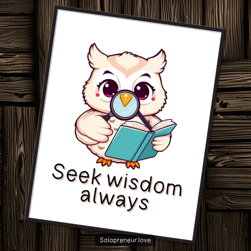 Funny happy owl digital art print of a character reading a book with a magnifying glass, perfect for instant download.