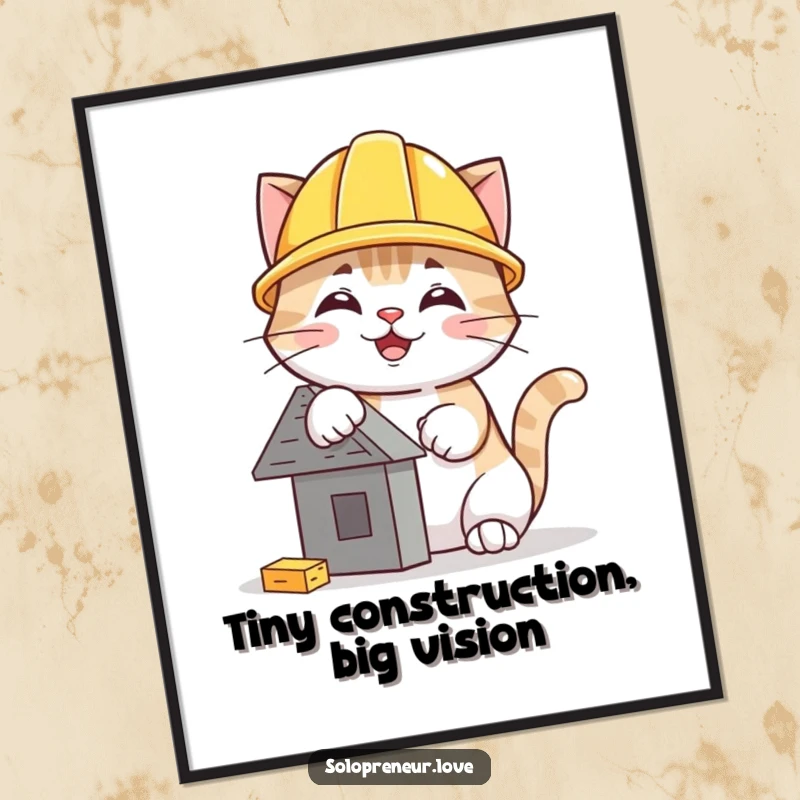Funny hard hat cat digital art print of a happy feline proudly building a tiny, charming structure with tools.