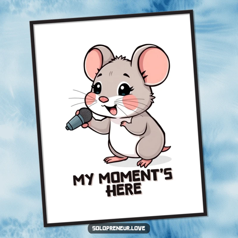 Funny Hopeful Mouse Microphone Digital Art print of a small mouse cheering with a tiny microphone, for decor.