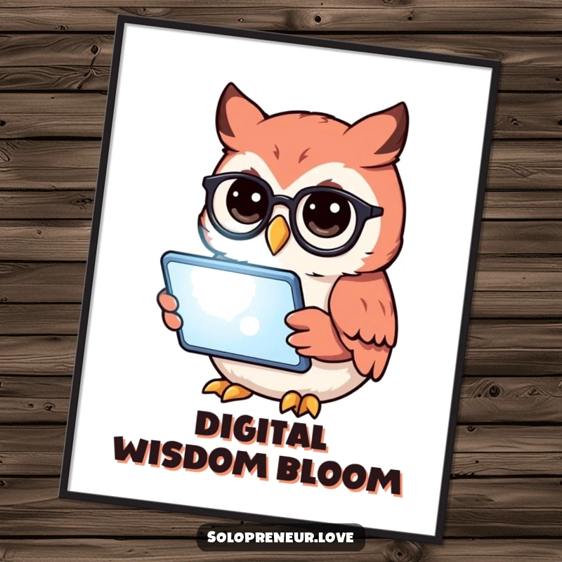 Funny owl with glasses reading a tablet, as digital art, bringing intellectual humor to any space.