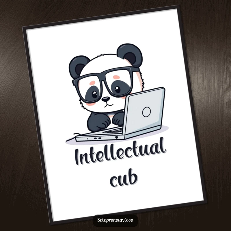 Funny digital art print of a tiny panda wearing glasses, diligently working on a laptop, bringing focused charm and humor to any space.