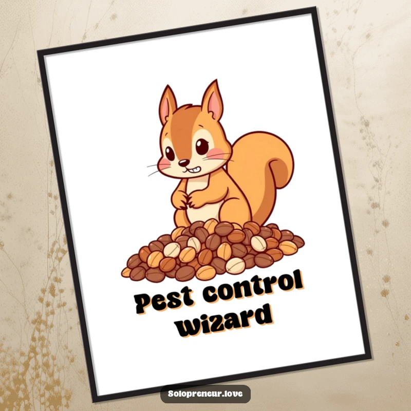 Funny digital art print of a determined squirrel character meticulously organizing nuts into neat piles, symbolizing focus and order.