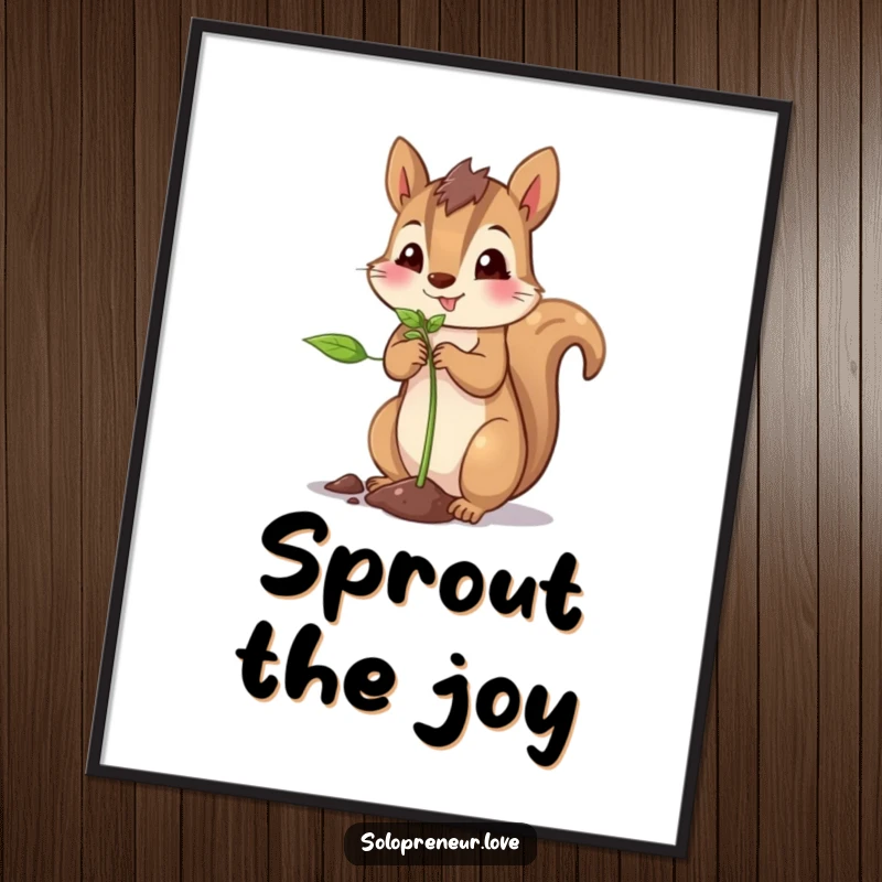 Funny squirrel planting digital art print of a proud squirrel beaming as it plants a tiny sprout.