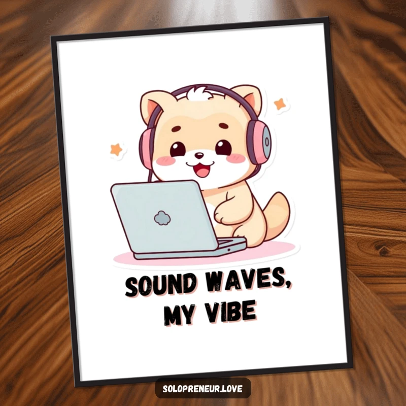 Funny Techie Creature Digital Art: High-resolution art of a cute character with headphones, excitedly typing on a laptop.