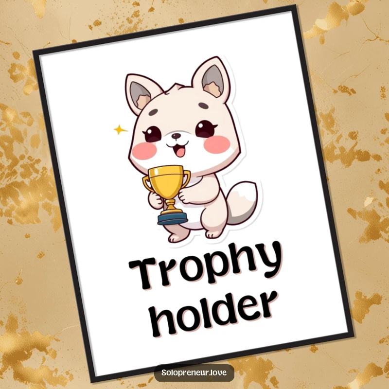 Funny digital art print of a joyous animal character holding a small trophy, beaming proudly, a hilarious celebration.