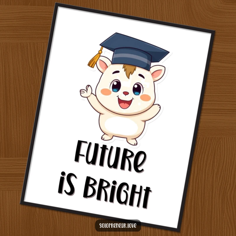 Funny Graduation Creature Digital Art: High-resolution art of a smiling creature wearing a graduation cap, cheering enthusiastically.