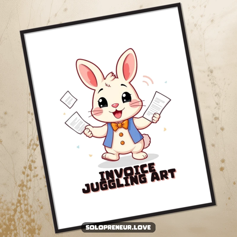 Funny Digital Art Print of a cheerful rabbit character juggling business invoices, offering instant downloadable humor and office charm.