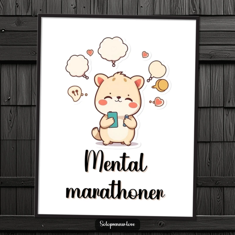 Funny digital art print of a busy animal character with multiple thought bubbles, bringing humor and personality.