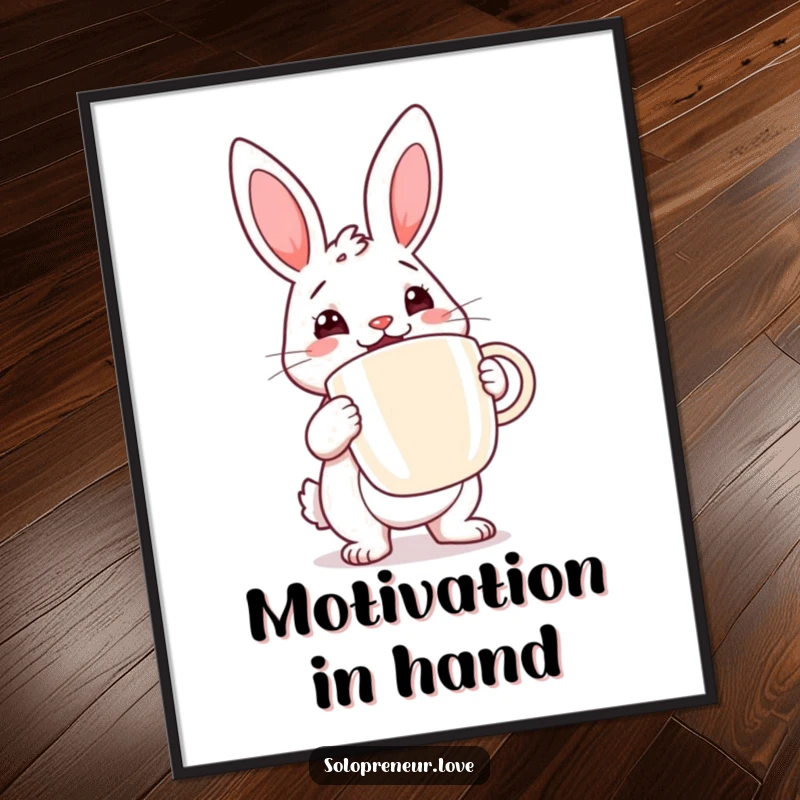 Funny rabbit coffee digital art print of a determined rabbit cheerfully holding a large coffee cup, ideal for motivational decor.