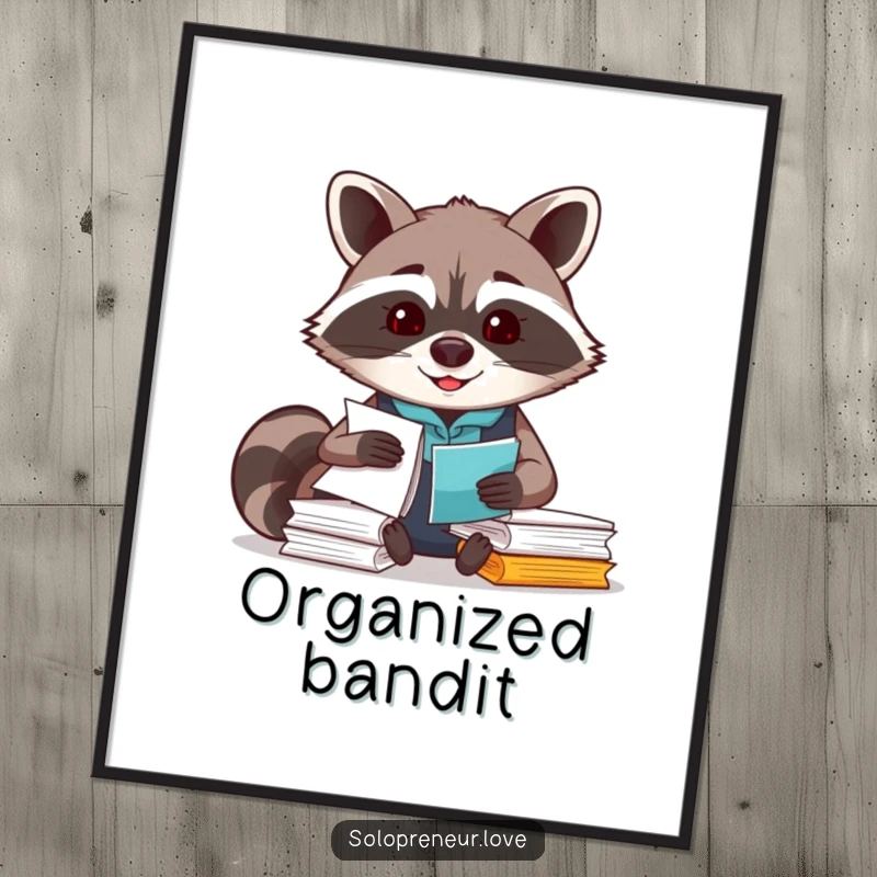 Funny Raccoon Organizer Digital Art print of a smiling raccoon meticulously working on papers, for decor.
