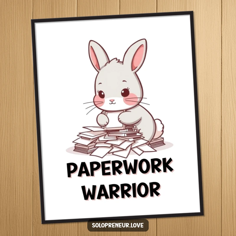 Funny digital art print of a determined rabbit organizing papers, perfect for home or office decor, conveying relatable humor.