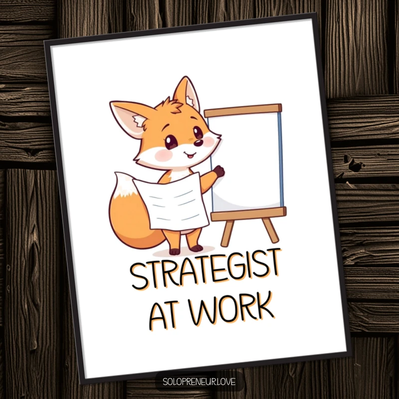 Funny fox character with a plan pointing at a whiteboard, a clever and humorous digital art print.
