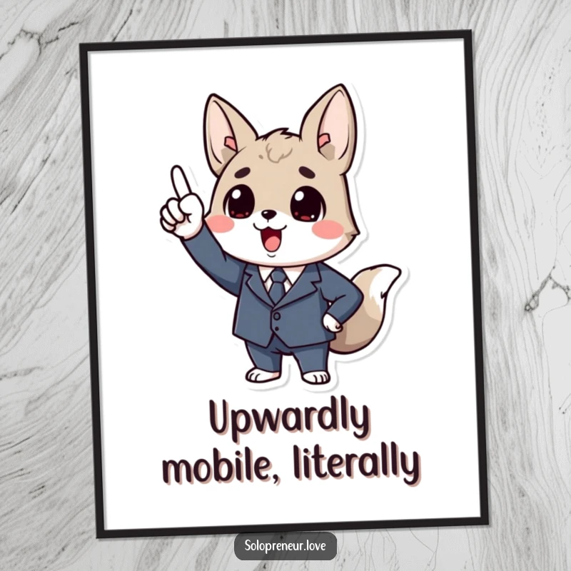 Funny Business Animal Digital Art: High-resolution art of an animal in a tiny suit, enthusiastically pointing upwards with a determined look.